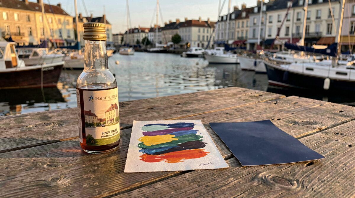 En fin d'après-midi, sur un quai de port français, trois échantillons de couleur posés côte à côte sur une table en bois : un flacon imprimé, un carré de papier peint et un carré de film adhésif bleu marine, lumière rasante dorée, cadrage serré à hauteur de table.