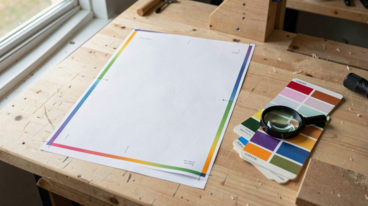 Sur une table d'atelier en bois clair, une feuille A3 imprimée posée à plat, traits de coupe visibles dans les angles et bandes de fonds perdus colorées sur les quatre bords, une loupe de contrôle et un nuancier CMJN posés à côté, lumière du jour latérale venant d'une fenêtre à gauche, cadrage serré à plat au-dessus de la feuille.