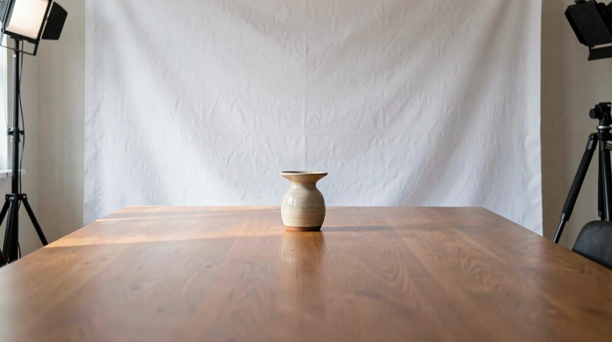 Sur une table de salle de réunion, un fond blanc tendu derrière une petite lampe en céramique posée au centre, deux sources lumineuses latérales et un trépied visible au bord du cadre, vue frontale à hauteur de table.